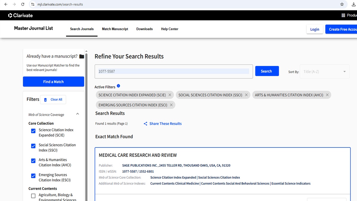 Search Results in Journal Master List Website