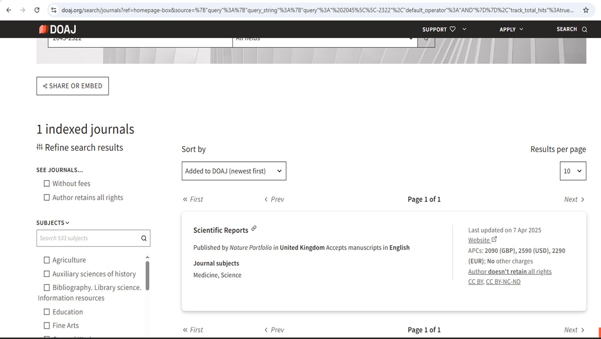 Checking Open Access publishing of Scientific Reports Journal